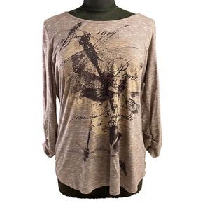 Kim Rogers Ladies 3/4 Sleeve Pullover Top Embellished Butterfly Print Brown Sz L